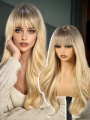 Ombre Blonde Wigs with Bangs,Blonde Layered Wig for Women,Long Wavy Wigs Synt...