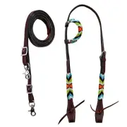 western Leather Equestrian Tooled Beaded Headstall,Breast Collar & Reins. (H074)