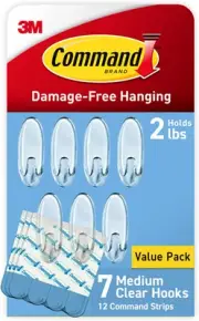 Command Medium Clear Wall Hooks, 7 Wall Hooks and 12 Command Strips, Damage-Free