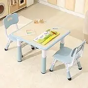 Hulaibit Kids Table and 2 Chairs Set, Height Adjustable Toddler Table and Chairs with Anti-Slip Foot Covers, Graffiti Desktop Arts & Crafts Table for Daycare, Classroom