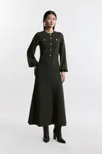 Tall Viscose Blend Maxi Knit Dress With Chiffon Sleeve Military Trim