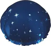 Blue Shining Stars Pattern Print Shower Cap For Women Men Reusable Lightweight Soft Bath Hair Cap With Elastic Band
