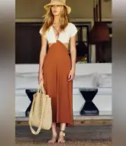 VIX PAULA HERMANNY SOLID LOOP MIDI CAMEL/WHITE COVER UP DRESS SIZE M $228