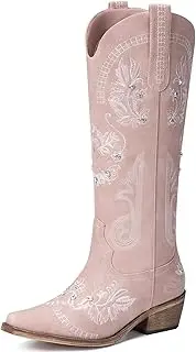 [Lumeheel] Cowboy Boots for Women - Knee High Western Cowgirl Boots, Sparkly Rhinestone Retro Country Boots with Classic Embroidered, Pointed Toe Chunky Heel Pull on Zipper Fashion Vintage Tall Boots