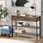 Oikiture 3-Tier Console Table Wood Sofa Table with 2 Drawers Hall Side Entry
