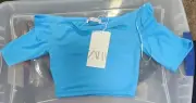 NWT Zara Women's Blue Cropped Stretch Over the Shoulder Top (Medium)