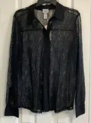 Chico's Black Sheer Lace Brewster Button-up Top size 2(12/14)NWT