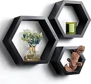DD DEFINED DECO Set of 3 Pine Wood Hexagon Shelves for Wall Decor,Wall Mounted Floating Shelves,Farmhouse Honeycomb Living Room,Hanging Rustic Shelf Racks Bedroom,Nursery, Black, (B2C230007-3SET)