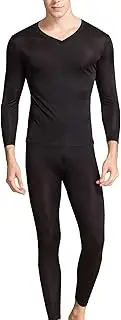 [Grenasasilk] Men's Silk Long Underwear|V-neck Mens Silk Long Johns|Black Mulberry Silk Thermal Underwear Sets& Base Layer