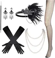 OJIOUI 1920s Great Gatsby Accessories Set for Women, Flapper Costume with Earrings Gloves Feather Headband Necklace Magic Wand Fishnet Socks for Tea Party