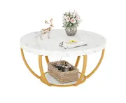 Tribesigns 32" Round Coffee Table 2-Tier Golden Metal Legs Accent Center Table with Open Storage White and Gold