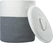 Storage Basket with Lid, Cotton Rope Woven Storage Basket, Small Storage Bins, Nursery Organizers and Storage, Baby Toy Laundry Basket (White & Grey, 12D x 13.5H Inches)