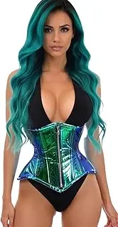 Daisy corsets Womens Top Drawer Blue/Teal Holo Double Steel Boned Underbust Waist Cincher Corset