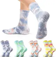 [QuokkaChic] 4 Pairs Women Pilates Grip Socks, Anti-Slip Yoga Socks, Tie Dye Socks for Ballet, Dance, Workout, Fitness, Running