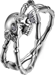 [Narica] Black Gold Plated Women's Men's Antique Gothic Skull Ring Retro Oxidized Finished Round Cut Created Black Spinel CZ Cubic Zirconia Filled Promise Vintage Skeleton Bone Band for Mom Lover