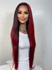 28” Ruby Deep Wine Red Balayage, Fiery Rich Red Human Hair Blend Wig