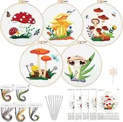 Yinder 5 Sets Embroidery Starter Kit with Patterns and Instructions Mushroom Cross Stitch Set for Beginners DIY Adult Kids Beginner Mushroom Pattern Hoops Needles Threads