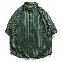 在飛比找蝦皮商城優惠-【M-3XL】男士綠色直條紋短袖襯衫夏季個性時尚寬鬆百搭上衣