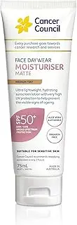 Cancer Council Face Sunscreen, Day Wear Moisturiser Matte Medium Tint SPF50+, 75ml