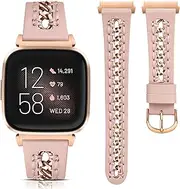 Minyee Leather Band Compatible with Fitbit Versa 2/Fitbit Versa/Versa Lite Bands Women, Dressy Premium Leather Designer Strap with Stainless Steel Metal Chain for Versa 2 Smartwatch Accessories