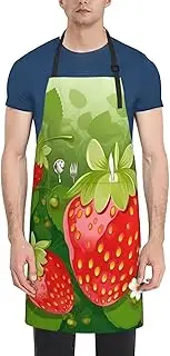 LHBWCVN Strawberry and flower Apron for Adults, Waterproof Cooking Aprons with 2 Pockets, Adjustable Bib Apron for Dishwashing, Long Kitchen Apron for Women Men Work Aprons for Dog Grooming, Black