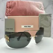 MIU MIU Gold Rimless Wrap Square Sunglasses New Metal 3D Logo Authentic Italy