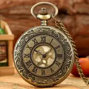 Bronze Roman Numeral Case Unisex Analog Quartz Pocket Watch with Necklace Chain