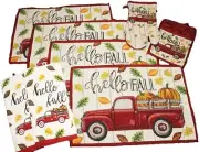 8 pc Vintage Truck Fall Kitchen Decor Set - Hello Fall - Matching Fall Placemats