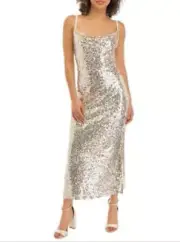 Taylor Women Sequined Draped Neck Sleeveless Dress Iridescent Biege Size 14