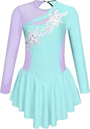 [Sinleey] Kids Girls Long Sleeve Skating Dance Dress Sparkly Ballet Dance Dress Gymnastic Leotard with Skirt Outfits