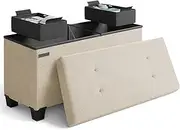 Ottoman Bench With Storage Bins, 30-in Bench for Bedroom End of Bed, Folding Foot Rest for Living Room, Chest Max 660lbs, Linen Fabric Ivory