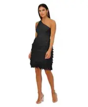Aidan by Adrianna Papell One Shoulder Chiffon Feather Dress Women's 12 Black Zip