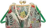 [Generic] Vintage Embroidered Flower Handbag, Retro Pearl Chain, Flower Embroidery Rustic Shoulder Bag, Kiss Lock Closure Bag for Women
