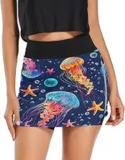 [RPLIFE] Colorful Jellyfish Starfish Blue Exercise Skirt, Ladies Skirts, High Waisted Skirts for Women Tummy Control