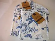 New! S/3 Fancy Floral Blue Bird Potholders Oven Mitt Set Cotton Kitchen Set