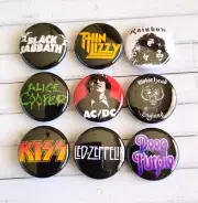 1970s ROCK / METAL Bands Badge Set Lot Pins x 9 (25mm) ACDC KISS Led Zeppelin