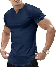 [TrndTrsure] Men's Running Work Short Sleeve Fit Male Exercise Stretch Tee Top Muscle Slim V-Neck Longline Henley Shirt, Blue 1, Large