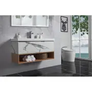 TOOLKISS Wall Hung Bathroom Vanity – Modern Polymarble Vanity with Basin & Cabinet, Water Resistant MDF A0 Grade, Soft Close Drawers, 3.2cm Waste with Overflow