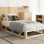 Oikiture Single Wooden Bed Frame with Pine Wooden Bed Base and Solid Wood Frame Platform Bed