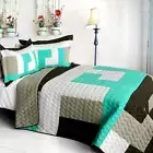 3 PC Tetris B Vermicelli Queen Quilt Shams geometric turquoise gray
