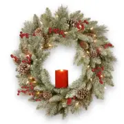Pre-Lit Snowy Bristle Berry Artificial Christmas Wreath Warm White LED Lights 24