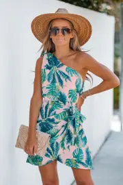 Cupshe Tropical Leaf Print One-Shoulder Mini Dress - Pink,L