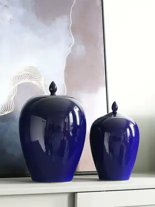 景德鎮陶瓷儲物罐裝飾擺件 靛藍將軍罐新中式青花瓷花瓶