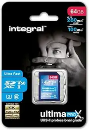 Integral 64GB UHS-II SD Card V60 Up to 280MBs Read and 100MBs Write Speed 1733X SDXC Professional High Speed Memory Card