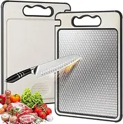 TKINRIC Cutting Board Double Sided,304 Stainless Steel Cutting Boards for Kitchen,Food-Grade Stainless Steel and Wheat Straw PP, Size 14.4” x 9.8 ”,Eco-Friendly and Easy to Clean(1pcs)
