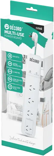 Crest Decord Power Board 4 Socket Surge Protected 1.2m