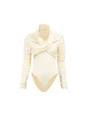 Cream Shoulder Cut Out Ruched Accent Bodysuit