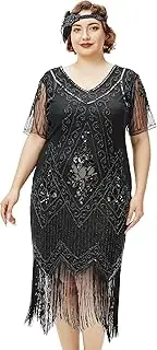 [BABEYOND] Plus Size 1920s Art Deco Fringed Sequin Dress Flapper Gatsby Costume Dress for Women (5X-Large, Black)