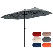 Costway 3.9m Large Patio Umbrella w/LED Solar Light 12 Heavy-Duty Rib Crank Outdoor Double-Sided Parasol Grey