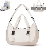 [WOOMADA] Travel Duffel Bag with Shoes Compartment, Fit Gym Bag with Wet Pocket & Trolley Sleeve, Weekender Bags for Women, Beige&Khaki